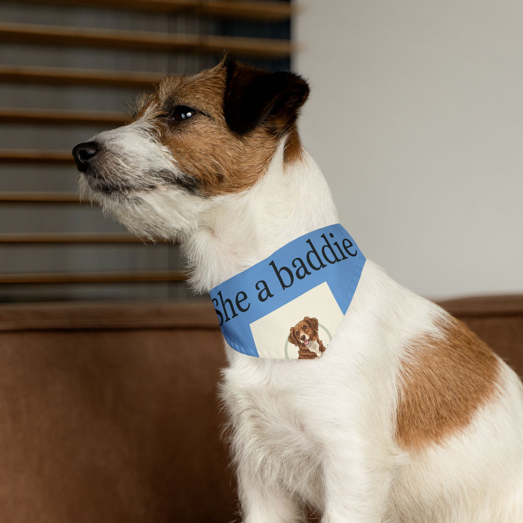 Pet Bandana Collar — 'She a baddie' Blue Dog Bandana with Cute Puppy Crest