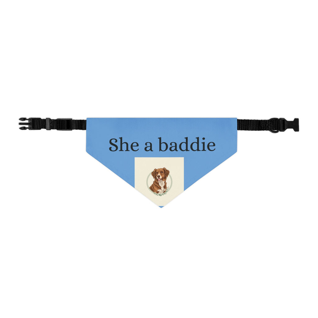 Pet Bandana Collar — 'She a baddie' Blue Dog Bandana with Cute Puppy Crest