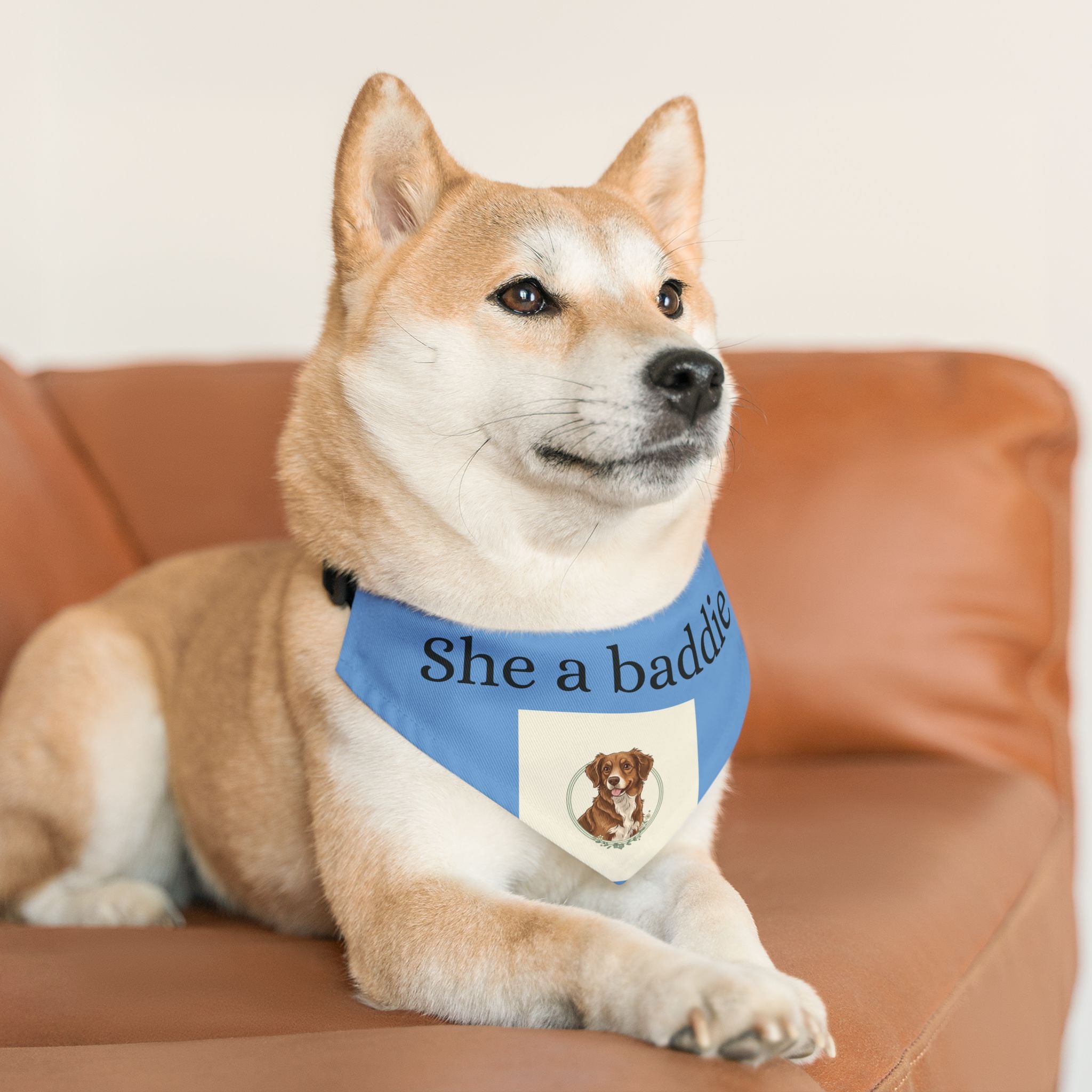 Pet Bandana Collar — 'She a baddie' Blue Dog Bandana with Cute Puppy Crest