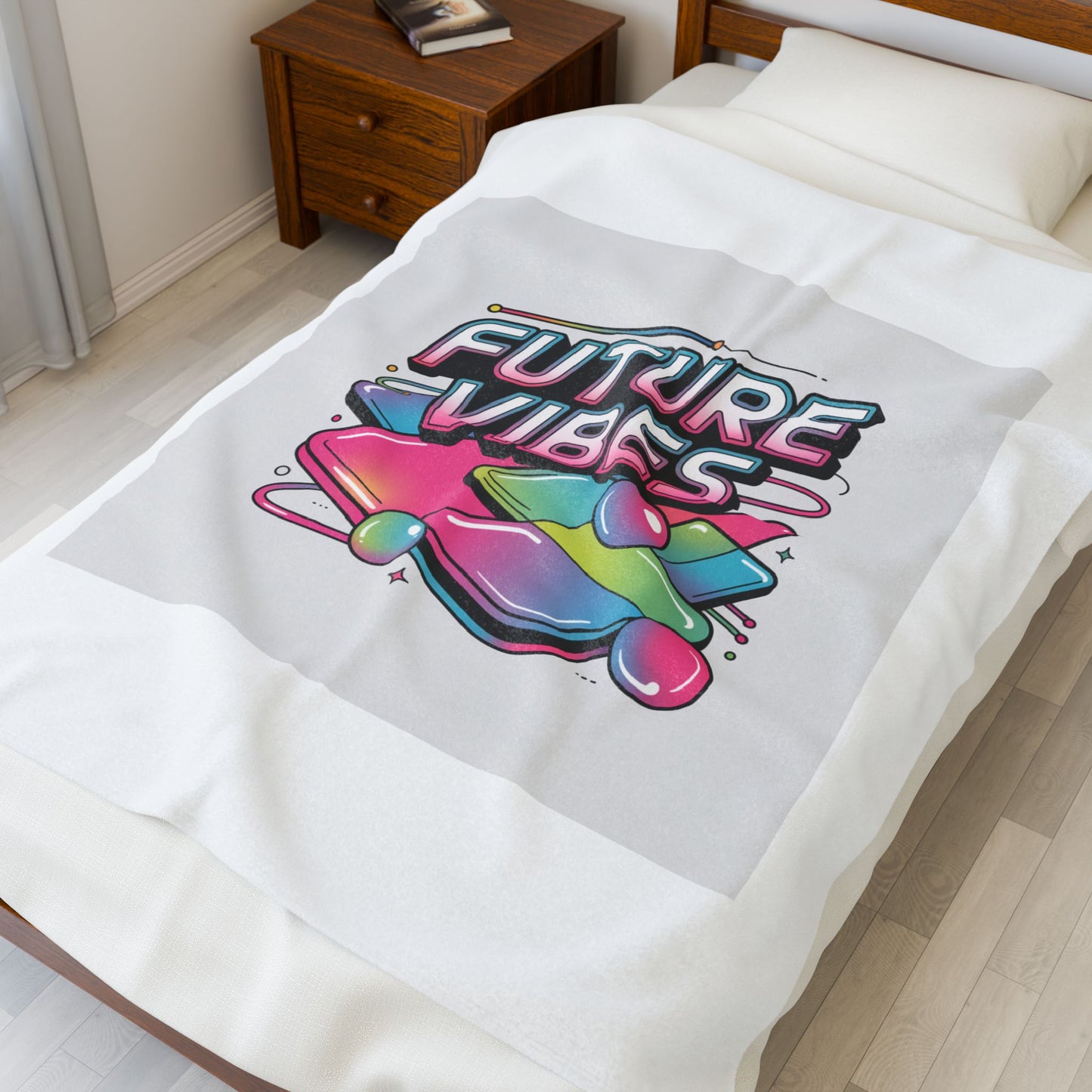 Future Vibes Velveteen Blanket | Y2K cyber holo aesthetic, retro tech print