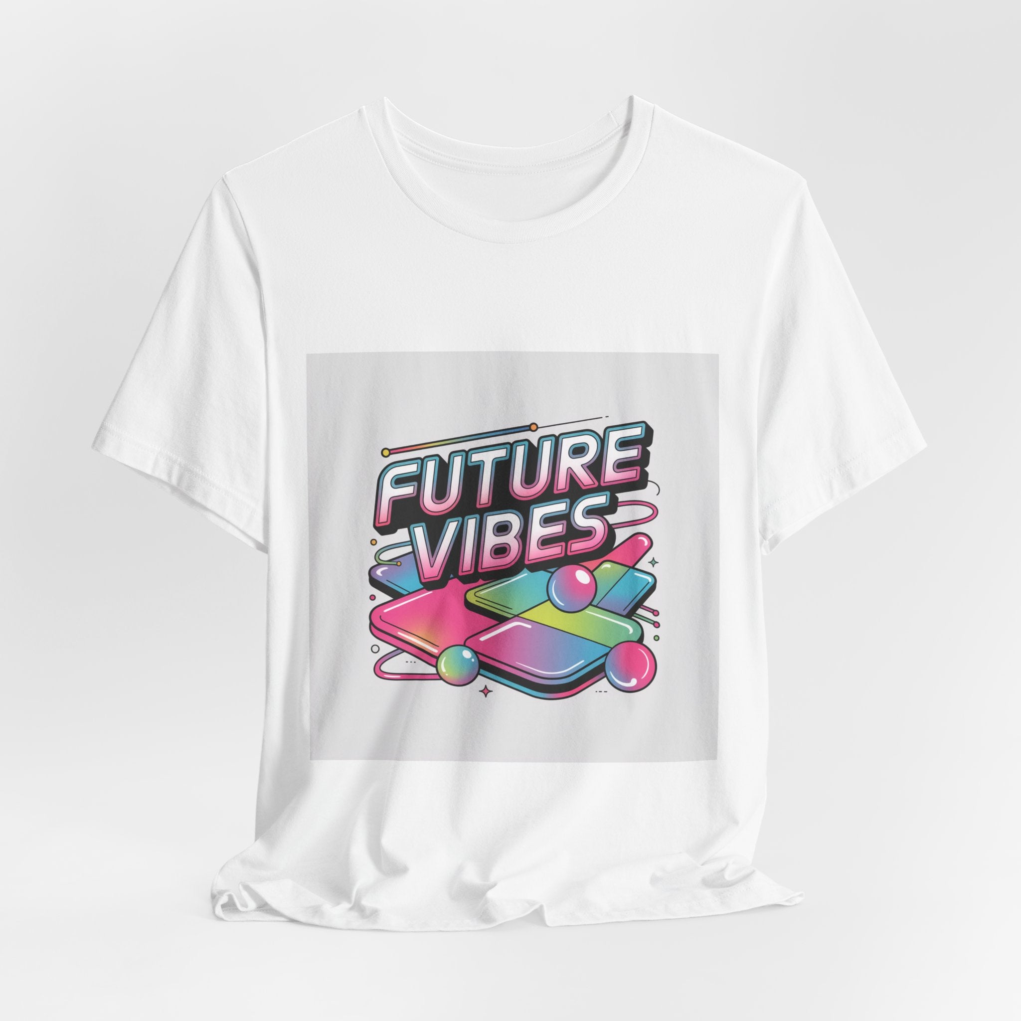 Future Vibes Tee | Y2K Cyber Holo, chrome text retro tech print