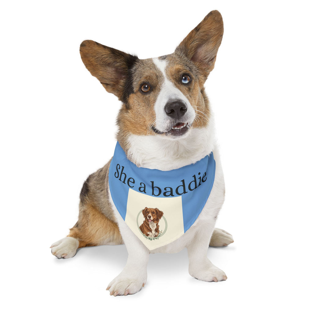 Pet Bandana Collar — 'She a baddie' Blue Dog Bandana with Cute Puppy Crest