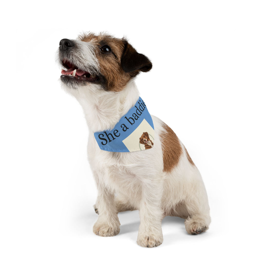 Pet Bandana Collar — 'She a baddie' Blue Dog Bandana with Cute Puppy Crest
