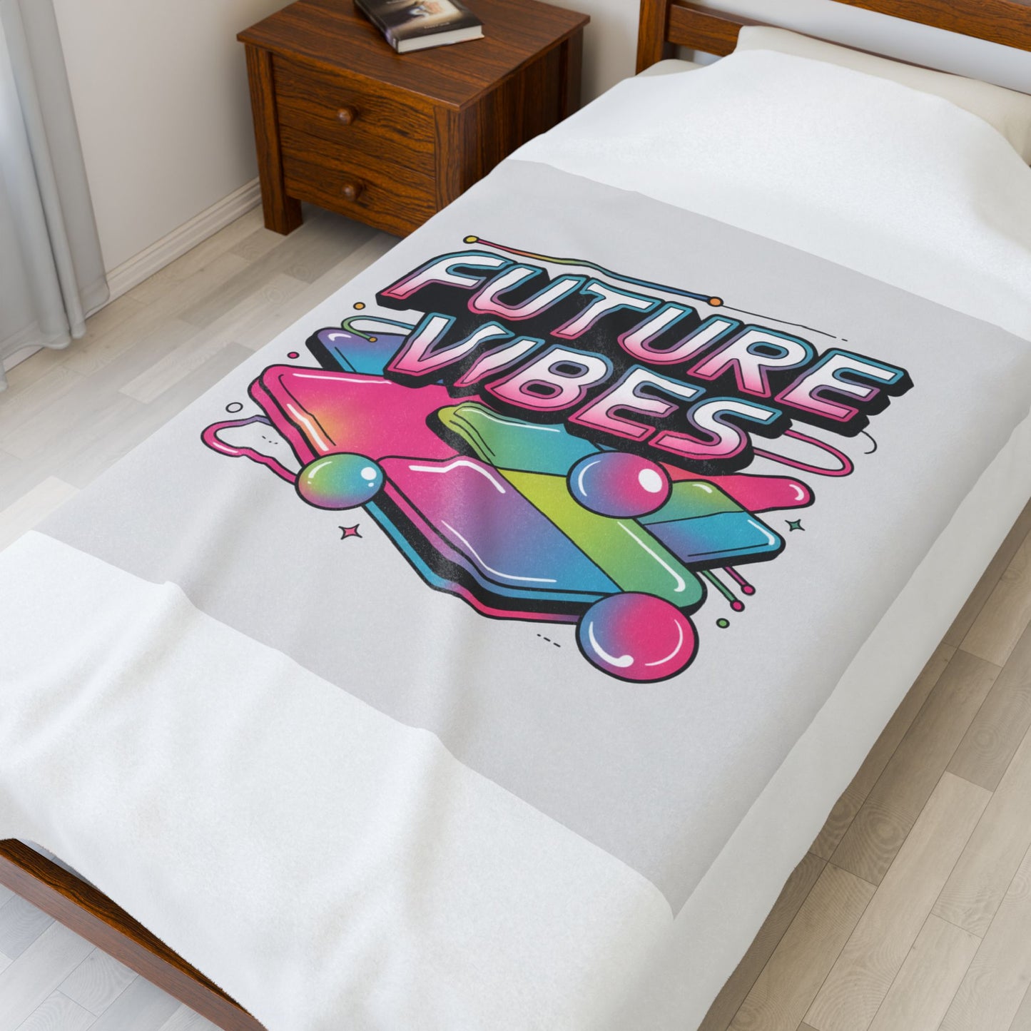 Future Vibes Velveteen Blanket | Y2K cyber holo aesthetic, retro tech print